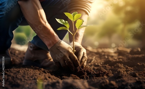 Man plant trees in soil with gloves on the ground on sunny day. Generative AI.