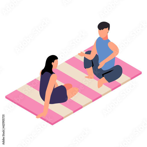 Husband and Wife on Picnic isometric Concept, Couple Chatting While sitting on Blanket at beach Vector Icon Design, Weekly holidays Activity Symbol, Week Rest Days Sign, Lazy weekend people Stock