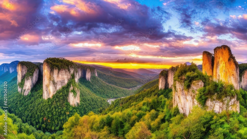 Beautiful landscape of dolomite mountains, trees, colorful sky. Generative AI