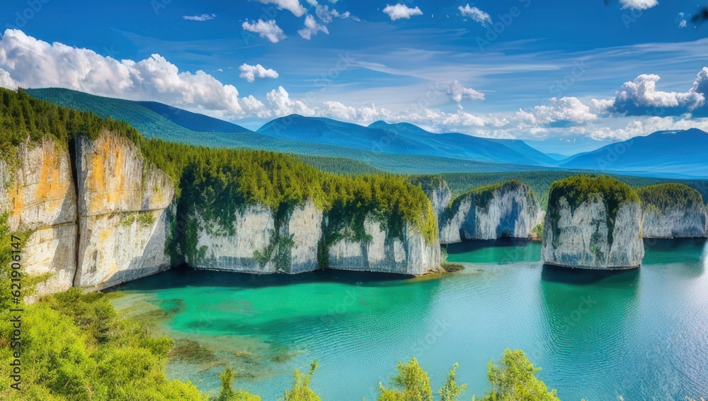 Beautiful landscape of dolomite mountains, lake, trees, colorful sky. Generative AI