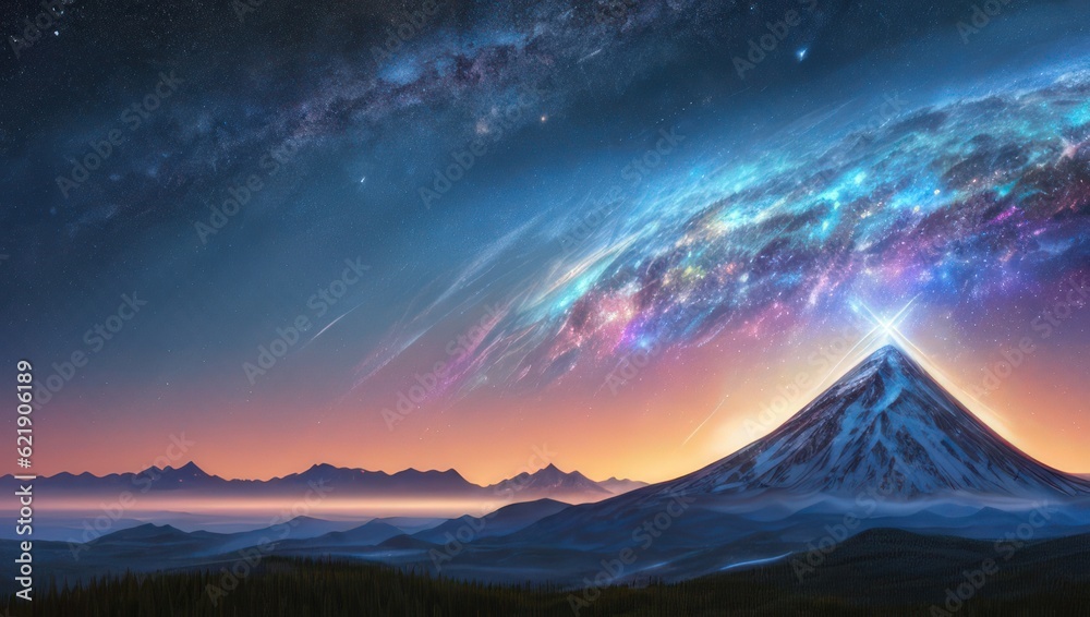 Futuristic digital art landscape with mountain valley, low clouds, purple starry sky with milky way. Generative AI