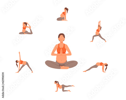 Pregnant lady practicing yoga. Infographics for expectant mothers. Regular physical activity and healthy lifestyle for future mother. Healthy pregnancy and sports. Vector flat illustration