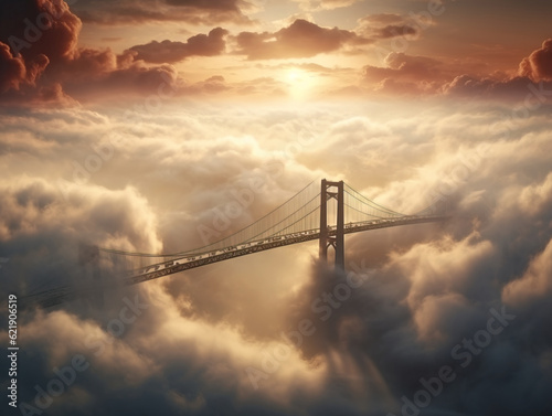 Bridge in the clouds going to sunrise. Beautiful freedom moment and peaceful atmosphere in nature.