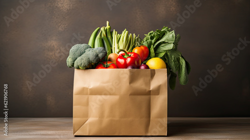 Fresh vegetables in cardboard box on wooden table