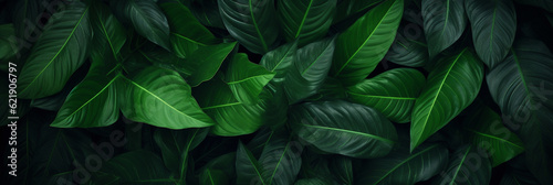 Lush green leaves background, Tropical foliage in nature. Generative ai.