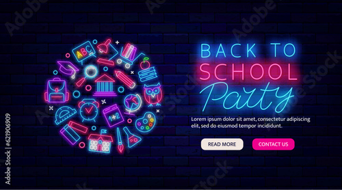 Back to school party neon flyer. Circle layout with icons. Landing page template. Vector stock illustration