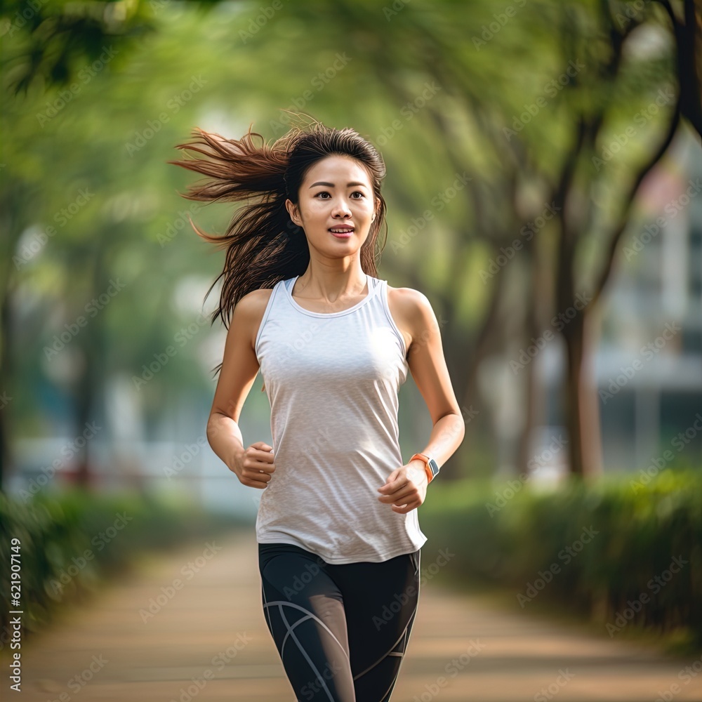 Young beautiful Asian woman jogging in park. Great for articles about lifestyle, health, fitness, sportswear, wellness etc. Young beautiful Asian woman jogging in park. Great for articles about lifestyle, health, fitness, sportswear, wellness etc.