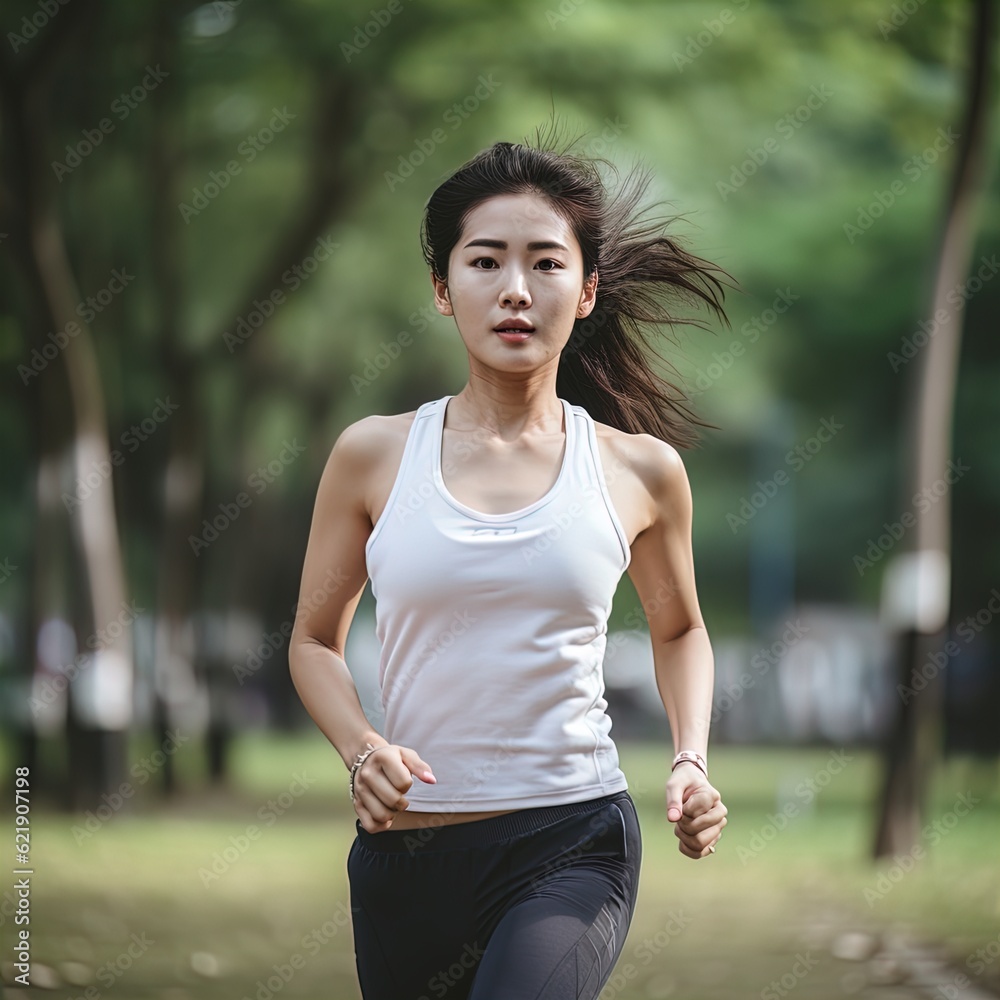 Young beautiful Asian woman jogging in park. Great for articles about lifestyle, health, fitness, sportswear, wellness etc. Young beautiful Asian woman jogging in park. Great for articles about lifestyle, health, fitness, sportswear, wellness etc.