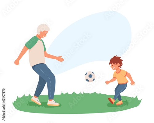 Senior man playing football with grandson. Grandparents spending time with their grandchildren. Happy old age. Concept of retirement. Vector flat illustration in green colors