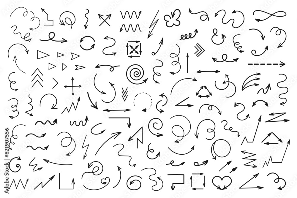 Set of doodle arrows hand drawn. Vector isolated on white background. Simple variety of shapes. Collection for every requirement. 