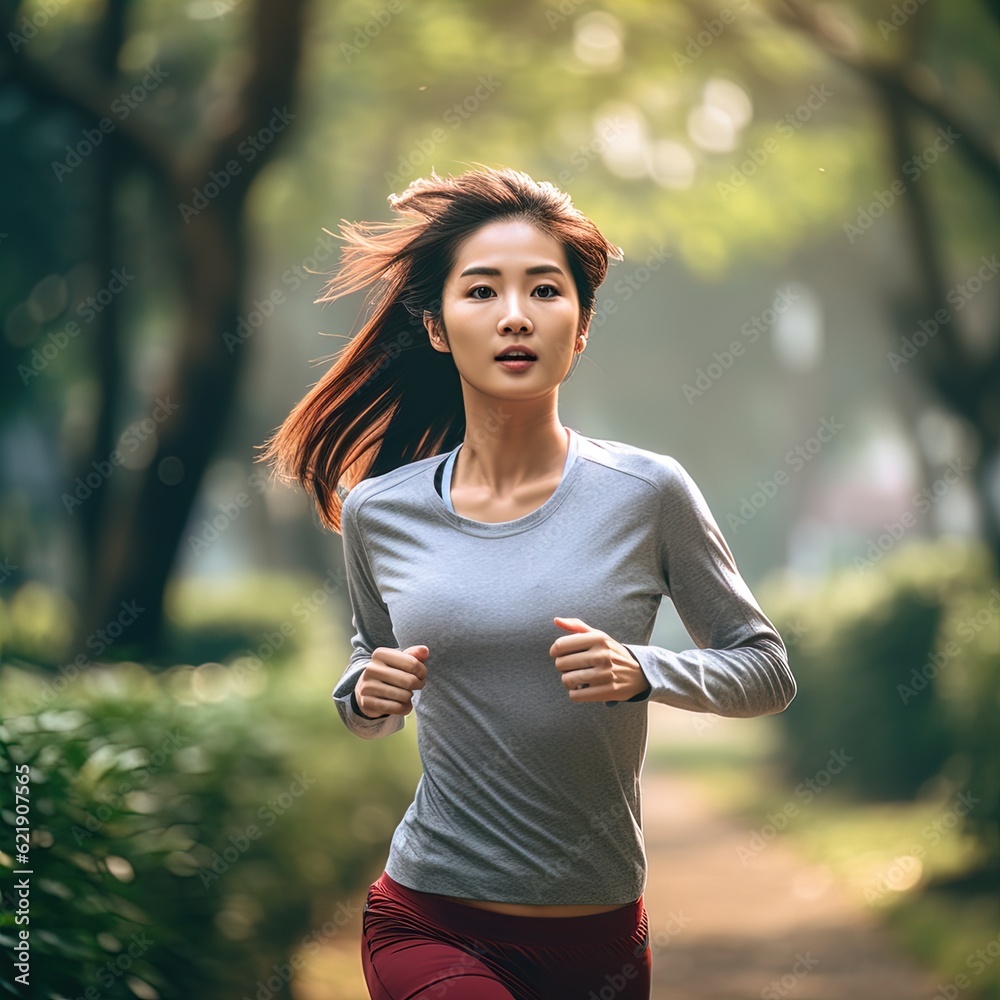Young beautiful Asian woman jogging in park. Great for articles about lifestyle, health, fitness, sportswear, wellness etc. Young beautiful Asian woman jogging in park. Great for articles about lifestyle, health, fitness, sportswear, wellness etc.