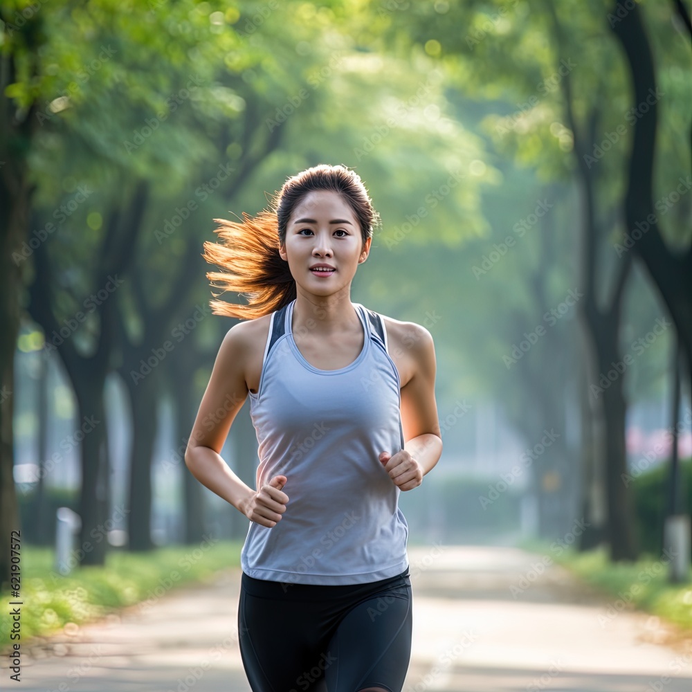 Young beautiful Asian woman jogging in park. Great for articles about lifestyle, health, fitness, sportswear, wellness etc. Young beautiful Asian woman jogging in park. Great for articles about lifestyle, health, fitness, sportswear, wellness etc.