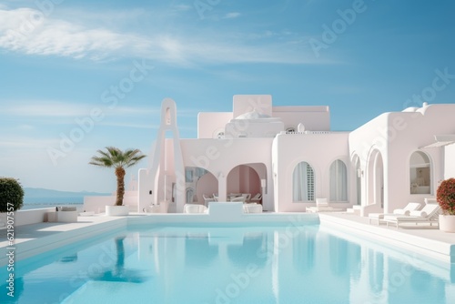 Traditional mediterranean white house with pool on hill with stunning sea view. Summer vacation background. Generative AI. © TrueAI