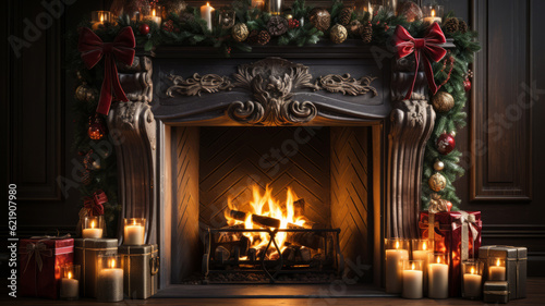 fireplace at christmas , christmas fireplace decorations. Generative AI