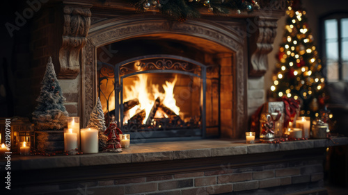 fireplace at christmas   christmas fireplace decorations. Generative AI