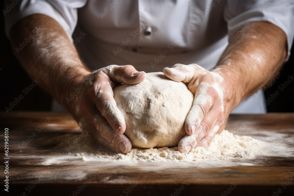 Hands of Baker Kneading Dough for Bread Cake. Generative AI Hands of Baker Kneading Dough for Bread Cake. Generative AI
