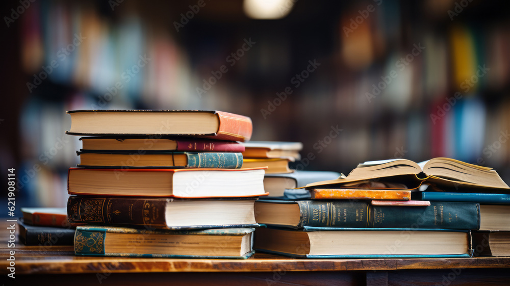 Hardcover book lying on a stack of other books. Generative AI Hardcover book lying on a stack of other books. Generative AI