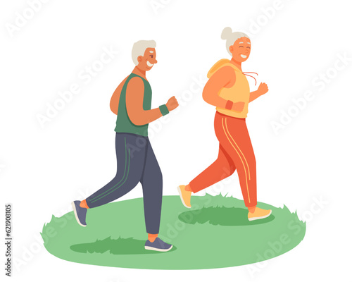 Active old lady running outside with man. Regular physical activity for senior couple. Happy old age. Time for fitness and retirement. Colorful vector flat illustration in cartoon style