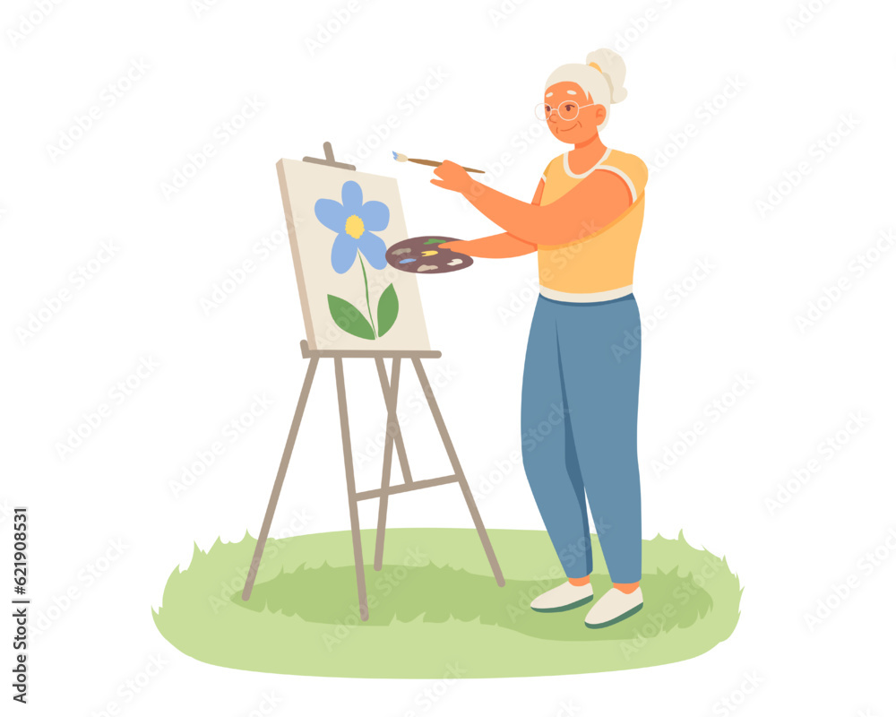 Cartoon character practicing hobbies. Old female standing near easel, holding brush and painting. Concept of happy retirement. Vector flat illustration in green and blue colors