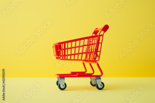 red shopping cart on yellow background. Generative AI