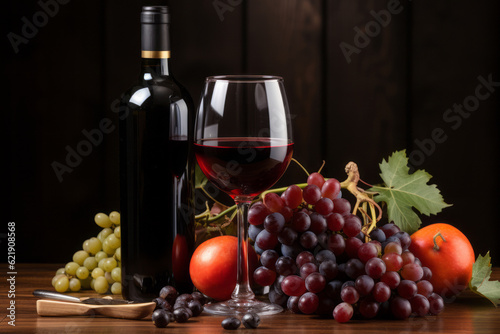 red wine bottle with glass and grapes on a rustic wooden table. Generative AI