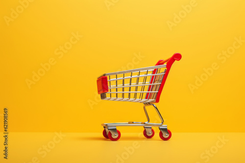 red shopping cart on yellow background. Generative AI