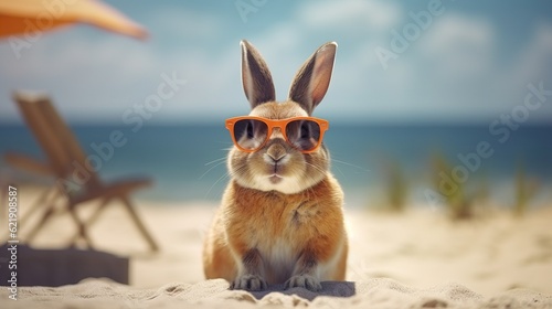 Unny rabbit wearing sunglasses on the beach. © Oleksii Halutva