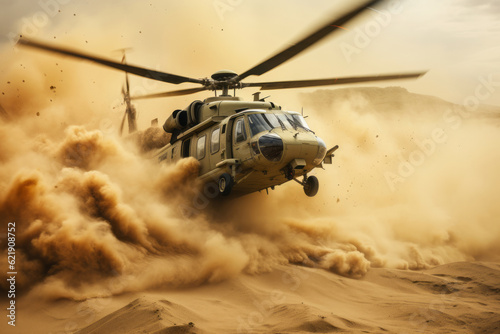 the helicopter flying in the air is covered in sand. Generative AI