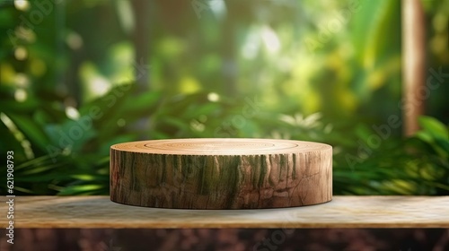 wooden round podium in forest green leaves for a product showcase with natural morning light
