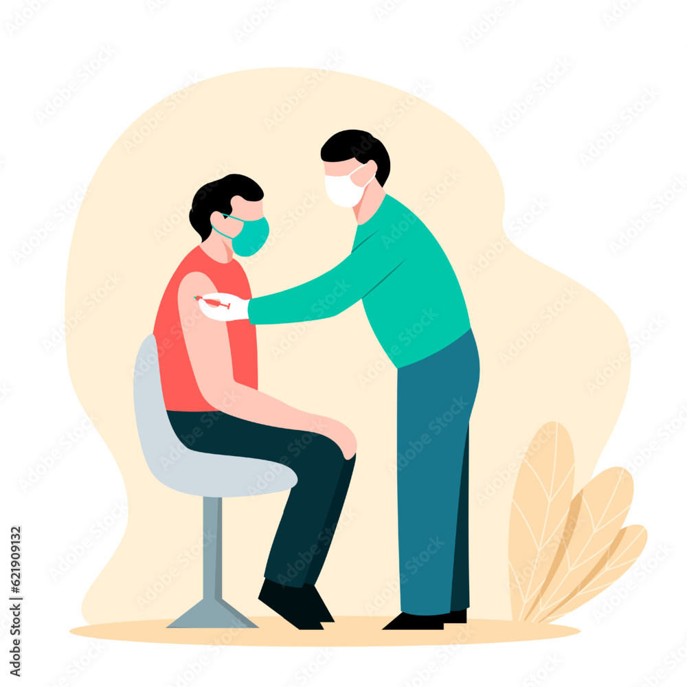 Male doctor holding syringe and makes antiviral injection to man. Time for boosting immune system health. Concept of flu or coronavirus vaccination. Vector illustration in green and red colors