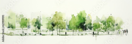 Sustainable Urban Planning Watercolor Illustration - Green Park Concept