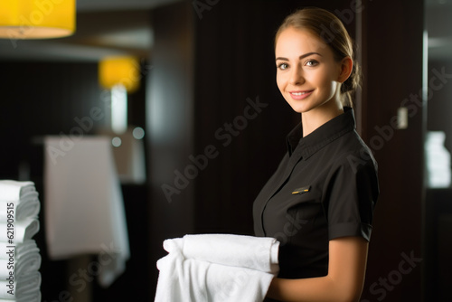 A woman in a hotel room holding a towel. Generative AI. Hotel maid with stack of towels.