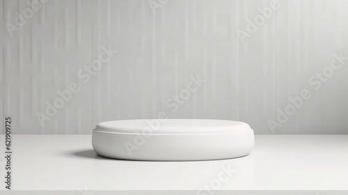 Pedestal oval podium for cosmetic product presentation in studio with white fine texture background. Generative AI 3