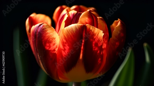 Close-up, orange tulip on a dark background, generative AI.