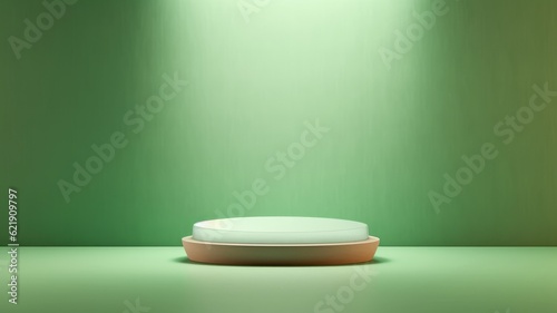Pedestal oval podium for cosmetic product presentation in studio with green fine texture background. Generative AI 6