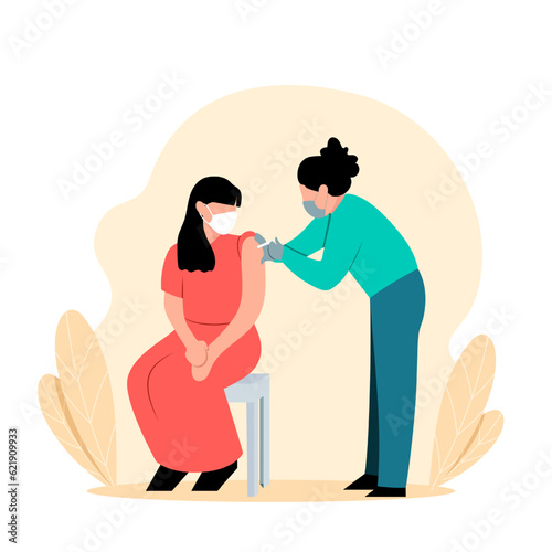 Young nurse in protective mask standing near lady makes vaccination. Time for boosting immune system health. Concept of flu or coronavirus vaccination. Vector illustration in green and red colors