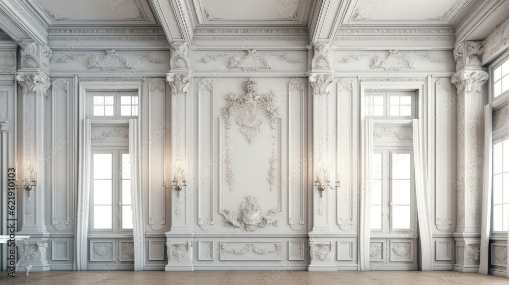 Interior classic wall facade with white plaster. Generative AI 