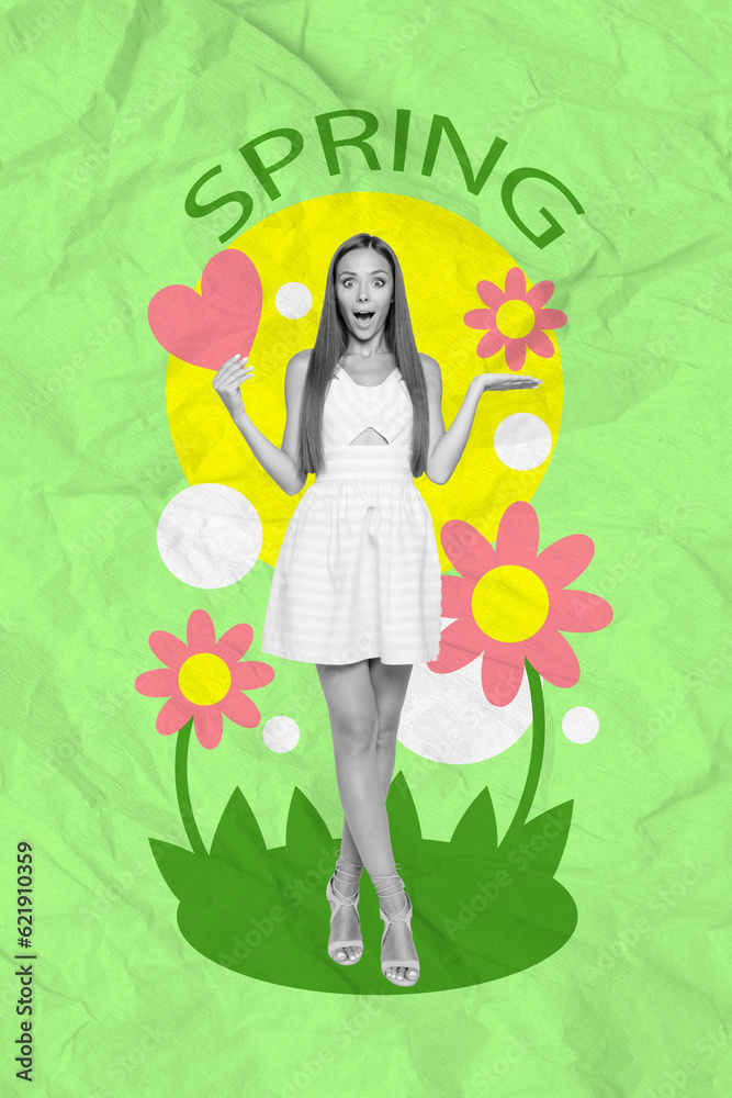 Vertical collage of black white effect stunning astonished girl hold hear symbol painted spring flowers isolated on paper green background Vertical collage of black white effect stunning astonished girl hold hear symbol painted spring flowers isolated on paper green background