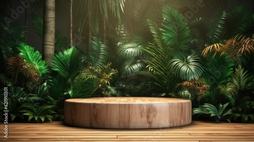 wooden round podium in forest green leaves for a product showcase