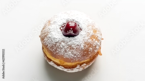 Fresh donut with red jelly jam and fresh cherries, generative AI.