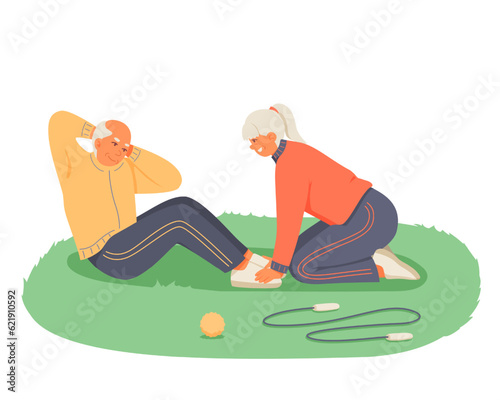 Senior woman helping man to do abdominal exercises outside. Regular physical activity for seniors. Happy old age. Time for fitness and retirement. Vector flat illustration