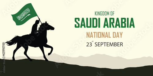 Kingdom of Saudi Arabia nation independence day, horse rider with green flag in desert background, copy space for text, suitable for national event and patriot celebrations