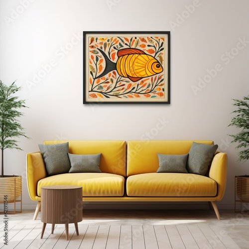 Modern bright interior with sofa and poster mockup with horizontal frame on empty wall in living room interior with yellow sofa and pillows. Template. Generative AI.