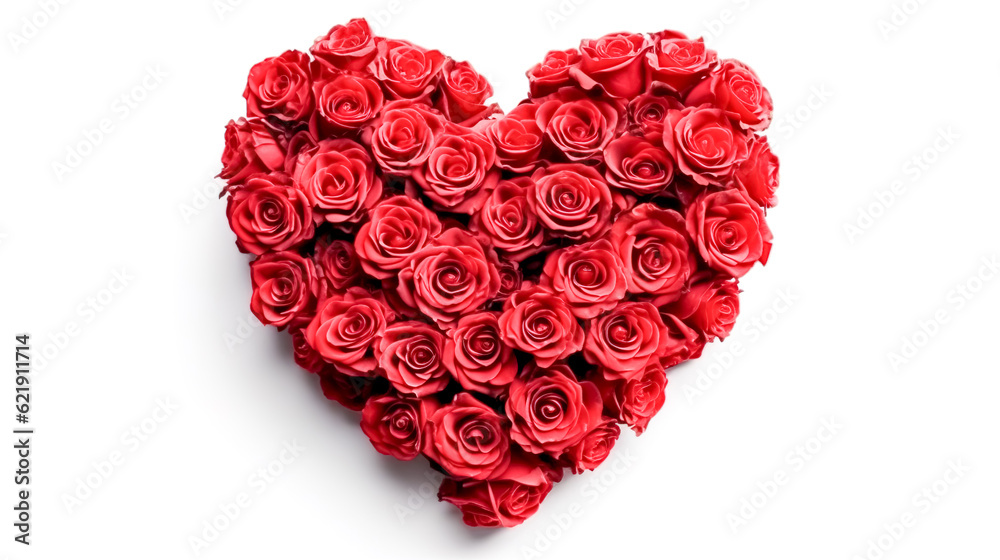 Heart of red roses on a white background, generative AI. Heart of red roses on a white background, generative AI.
