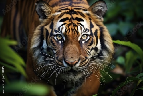 Sumatran tiger in forest background stalking prey, beautiful Asian tiger © sirisakboakaew