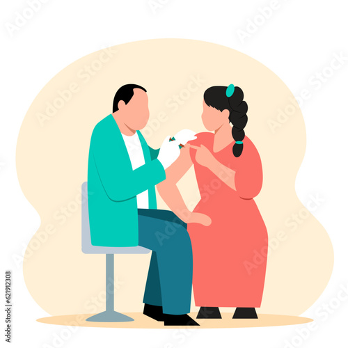 Woman being vaccinated in hospital. Time for making vaccines. Flu, influenza or coronavirus vaccination. Boosting immune system health. Vector illustration in green and red colors