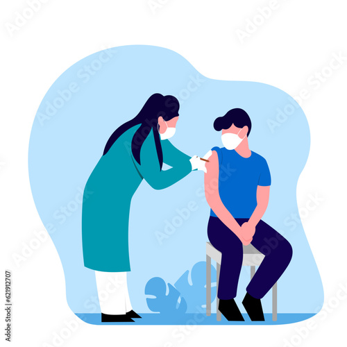 Lady standing near patient and makes antiviral injection. Time to get vaccinated against diseases. Protection from pandemic outbreak. Immunization schedule for people. Vector flat