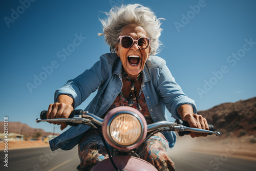 Funny elderly woman on scooter. Generative Ai