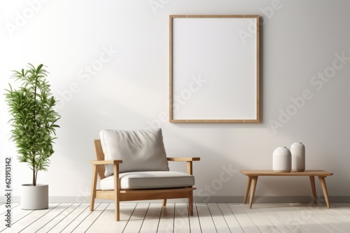Interior of living room with coffee table and white beige fabric armchair, an empty poster on the wall. Template. Generative AI. © TrueAI