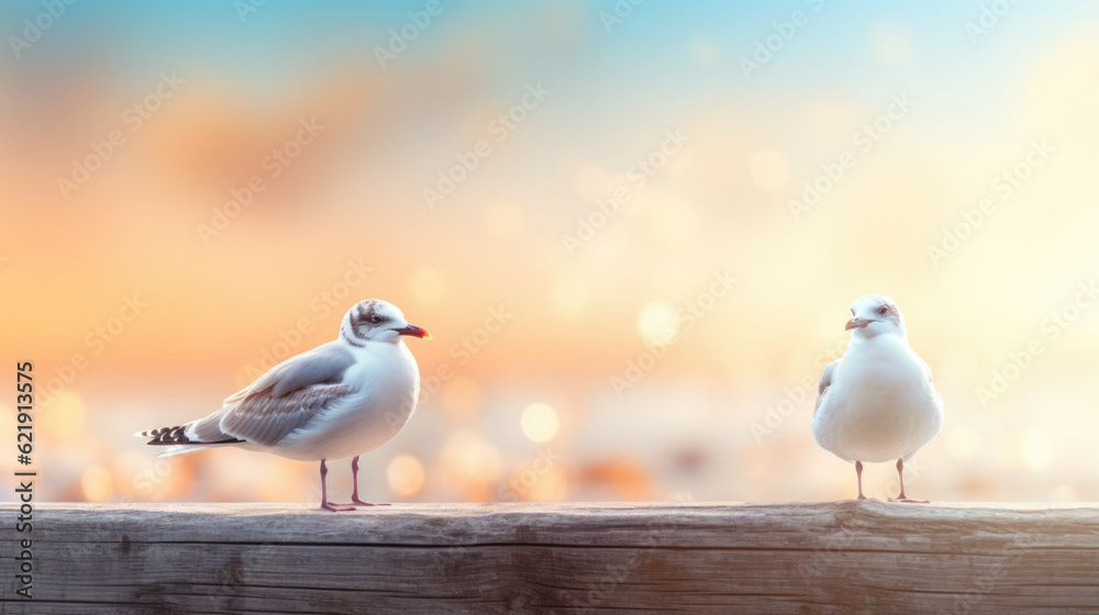 Two seagulls are standing on a wooden ledge. Generative AI. Two seagulls are standing on a wooden ledge. Generative AI.